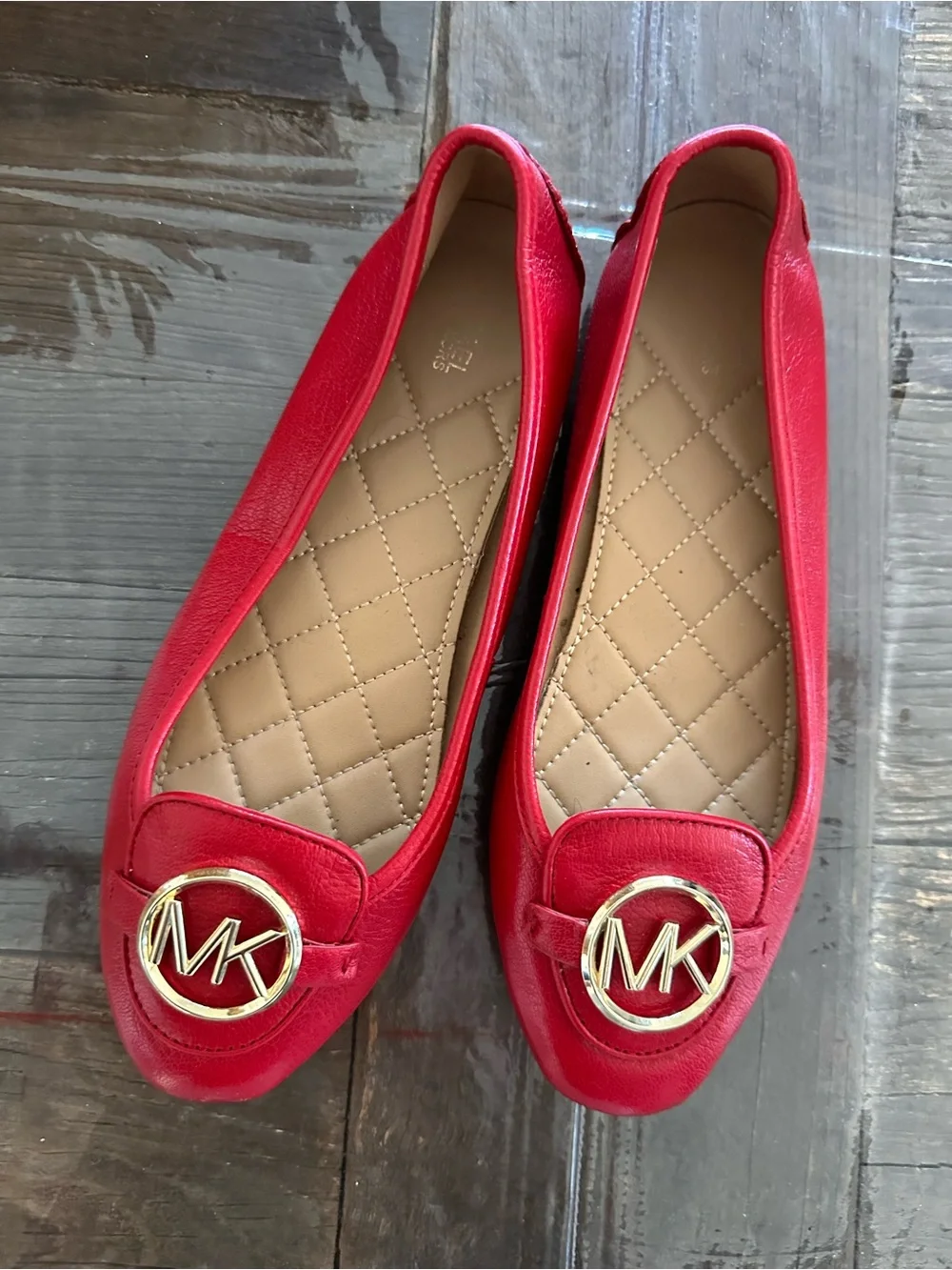 Michael Kors Red Leather Ballet Flats with Gold Logo Hardware